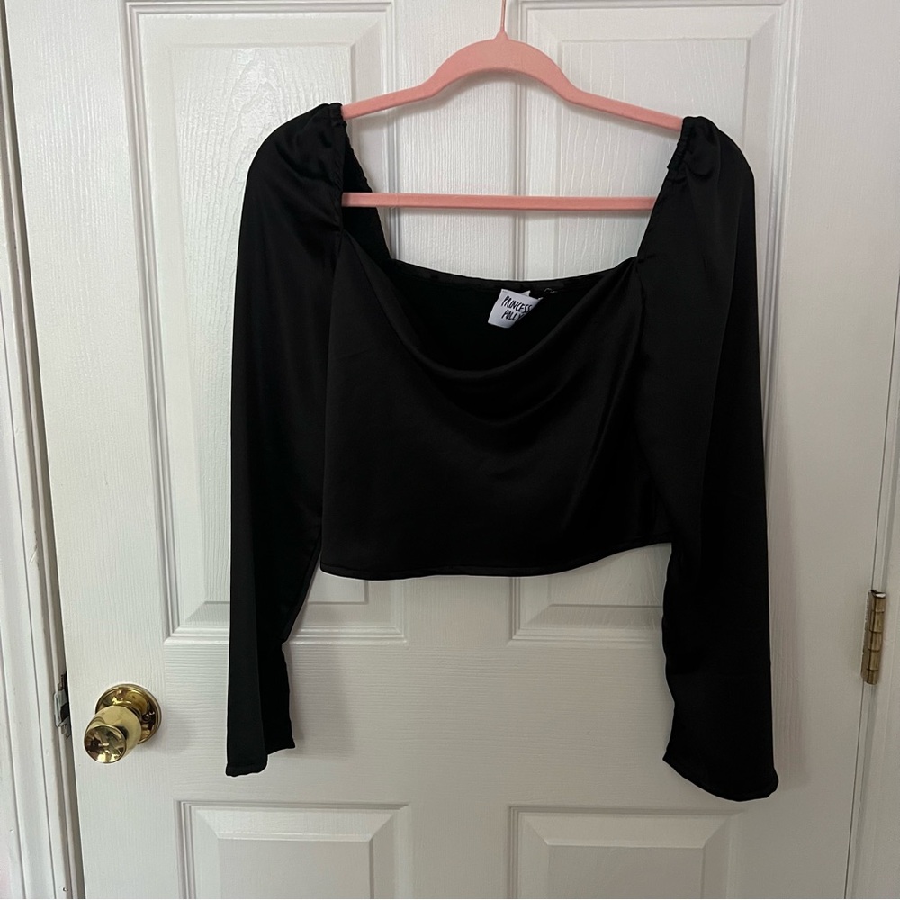 Princess Polly Cropped Silky Black Long Sleeve Blouse size US 6